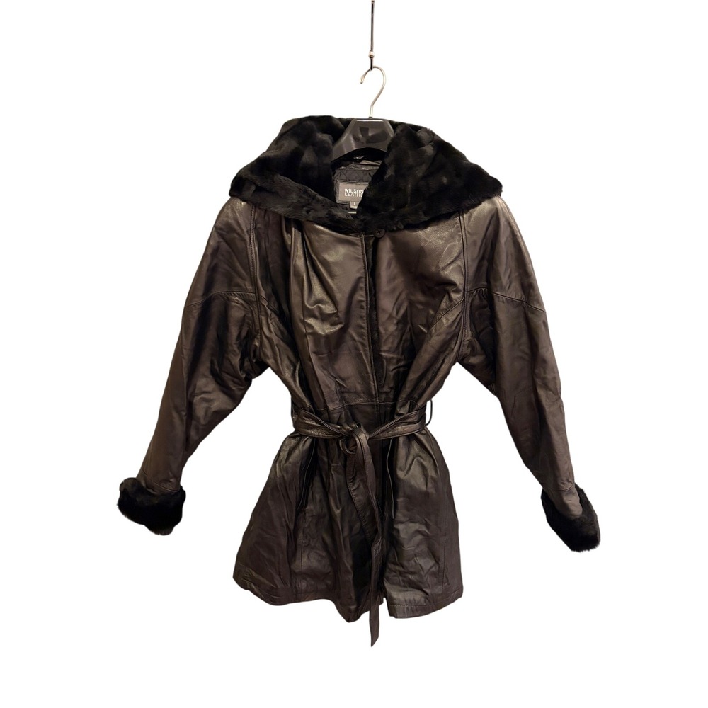 Wilsons Leather‎ Black Genuine Leather Faux Fur Hooded Coat L Vintage Y2K